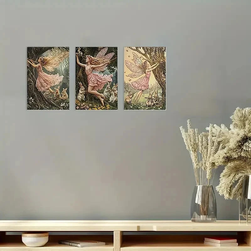 3pcs Whimsical Dancing Fairies & Rabbits Wall Art Canvas  Framed 60x90cm - High Quality Print 100% Australian Made Wall Canvas Ready to Hang - Bella Home Decor