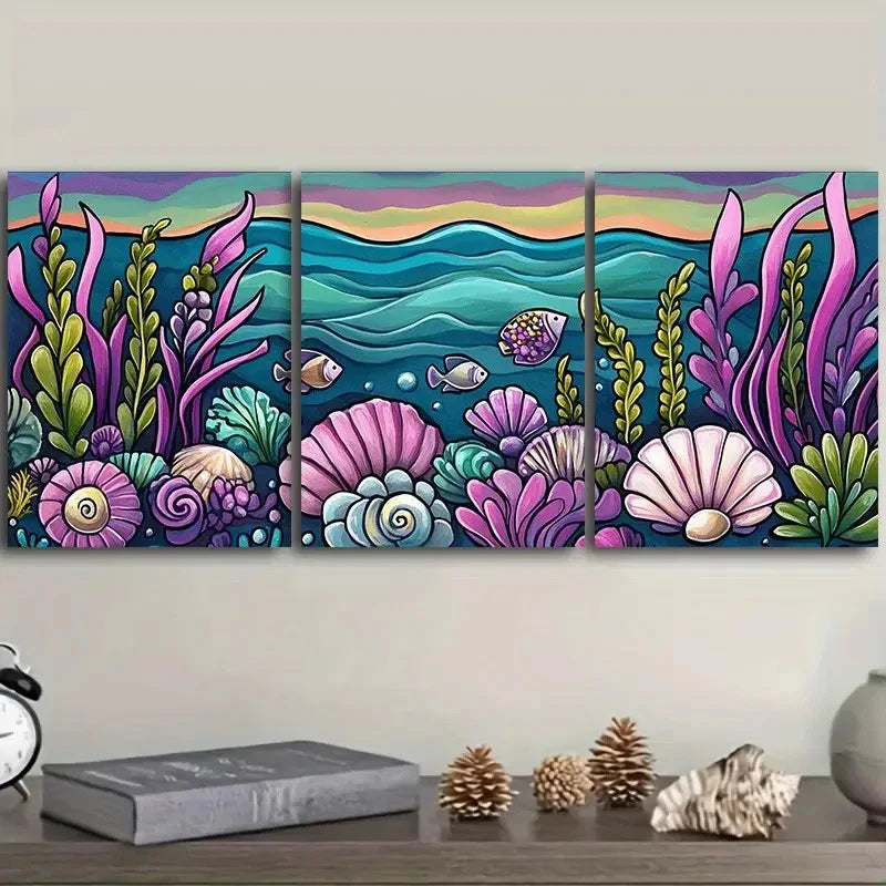 3pcs Colorful Underwater Scene with Seashells  Wall Art Set Canvas Framed 40x60cm - High Quality Print 100% Australian Made Wall Canvas Ready to Hang - Bella Home Decor