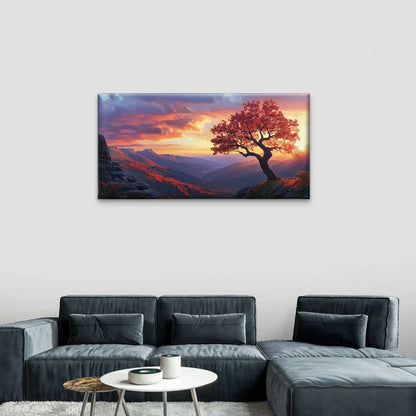 Vibrant Sunset Tree Mountain Wall Art Canvas Office Home Room Framed 120x60cm