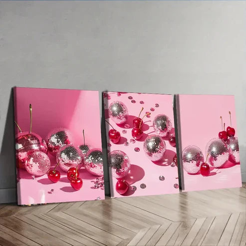 3pcs Cherries & Disco Balls Delicious Perfect Wall Art Set Canvas Unframed - High Quality Print 100% Australian Made Wall Canvas - Bella Home Decor