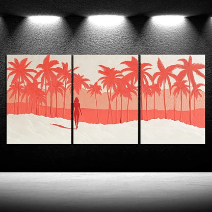3pcs Red Coconut Trees Beach Scene Figure Metal Print Ready to Hang Art - Bella Home Decor