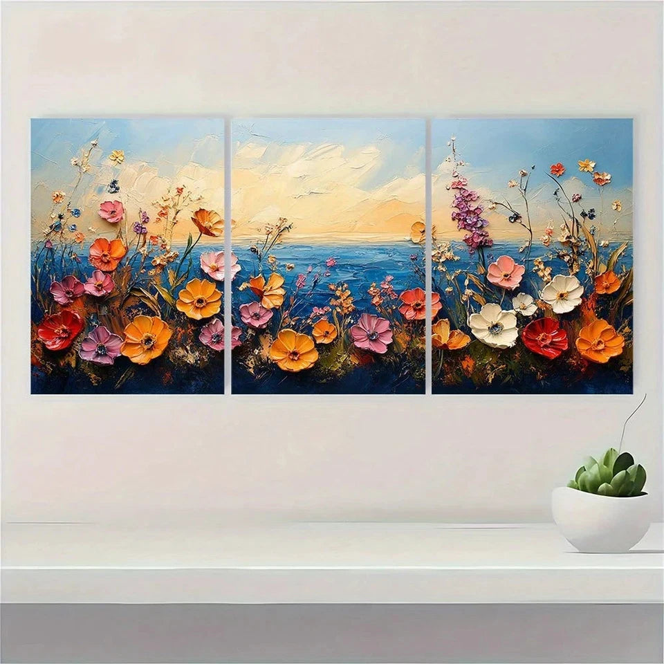 3pcs Coastal Painting Wildflower Texture Metal Print Ready to Hang Art - Bella Home Decor
