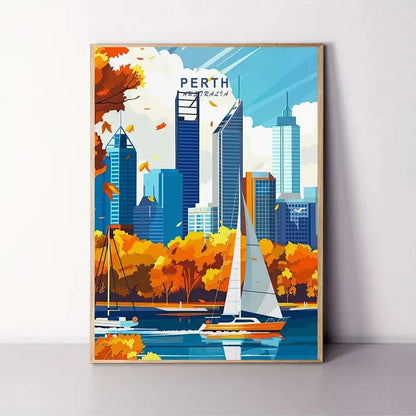 Perth Australia Cityscape Modern Vibrant Colors Travel Poster Print Wall Art