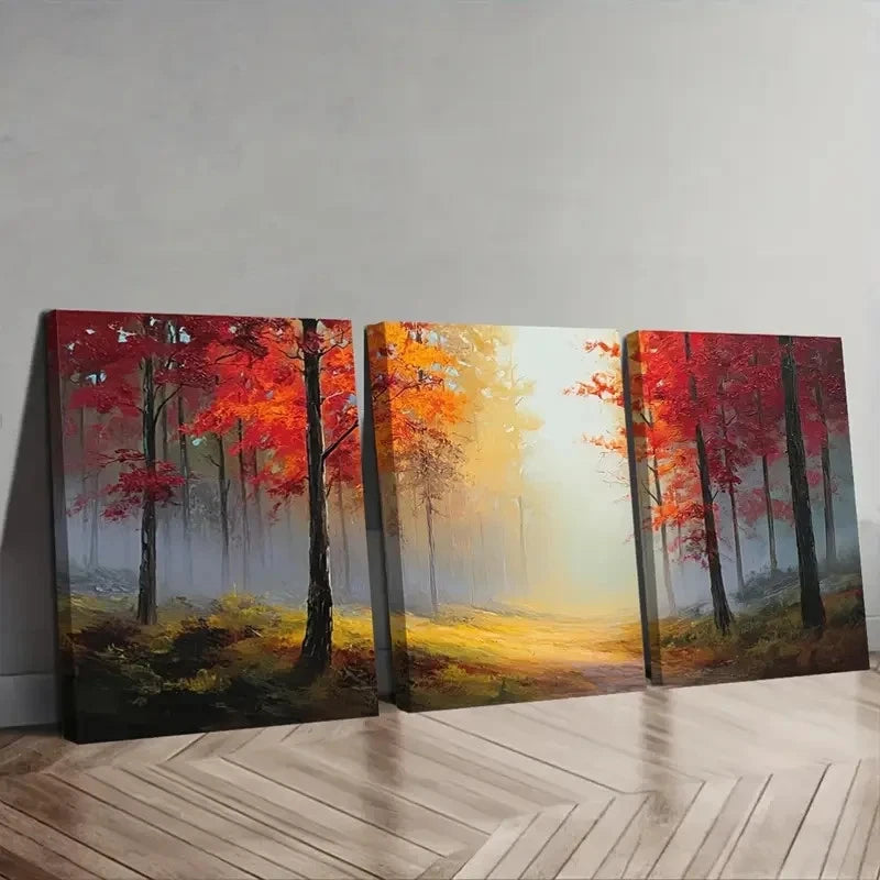 3pcs Painting Autumn Forest With Misty Wall Art Set Canvas Framed 40x60cm - High Quality Print 100% Australian Made Wall Canvas Ready to Hang