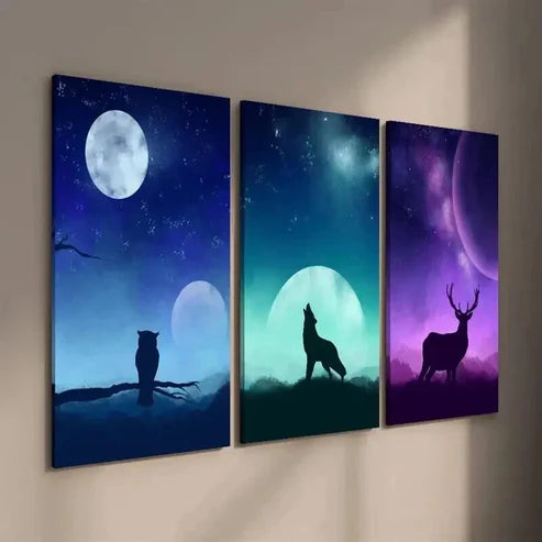 3pcs Moon Starry Sky Animal Owl Wolf and Deer Wall Art Set Canvas Unframed - High Quality Print 100% Australian Made Wall Canvas