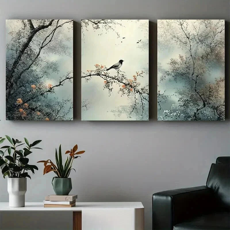 3pcs Modern Abstract Nature Bird & Branch Wall Art Set Canvas Framed 60x90cm - High Quality Print 100% Australian Made Wall Canvas Ready to Hang