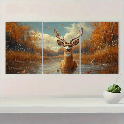 3pcs Vintage Whitetail Deer Hunting Wall Art Set Canvas Framed 50x70cm - High Quality Print 100% Australian Made Wall Canvas Ready to Hang