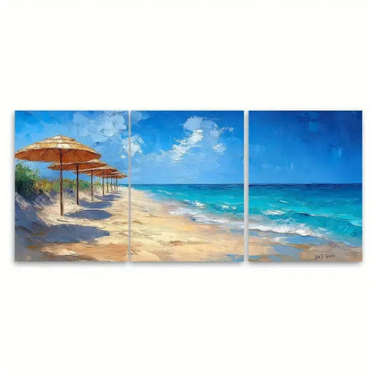 3pcs Beach Umbrellas Oil Painting Coastal S  Wall Art Set Canvas Framed 50x70cm - High Quality Print 100% Australian Made Wall Canvas Ready to Hang - Bella Home Decor