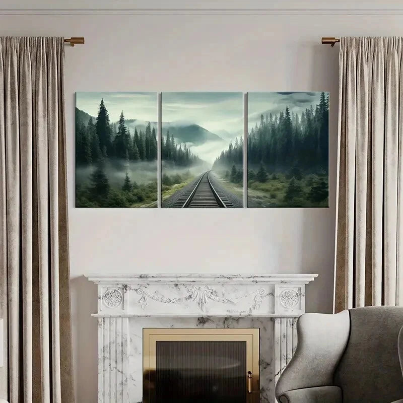 3pcs Misty Forest Railway Tracks Mountain Lands Metal Print Ready to Hang Art - Bella Home Decor