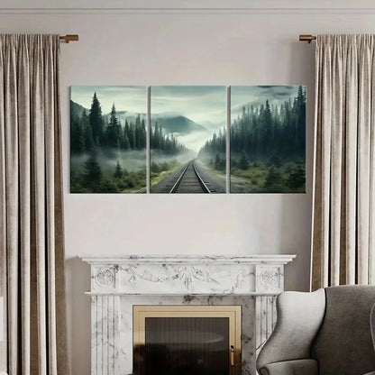 3pcs Misty Forest Railway Tracks Mountain Lands Metal Print Ready to Hang Art - Bella Home Decor