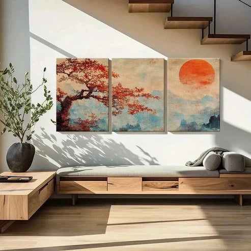 3pcs Vintage Autumn Tree & Sunset Landscape Wall Art Set Canvas Unframed - High Quality Print 100% Australian Made Wall Canvas