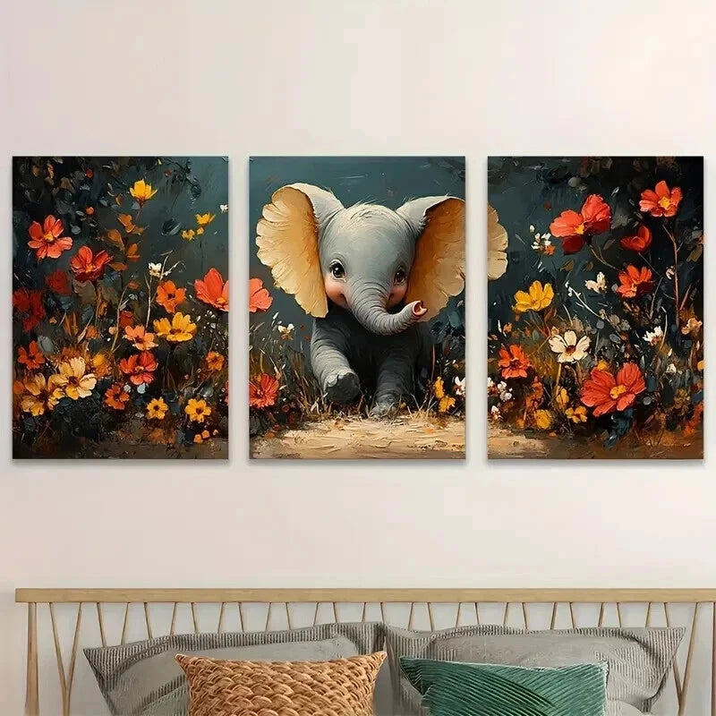 3pcs Playful Elephants Wildflower Perfect Wall Art Set Canvas Framed 60x90cm - High Quality Print 100% Australian Made Wall Canvas Ready to Hang - Bella Home Decor