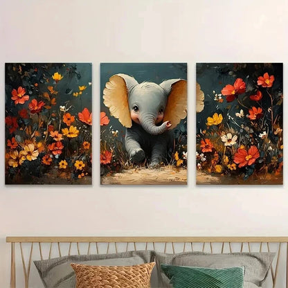 3pcs Playful Elephants Wildflower Perfect Wall Art Set Canvas Framed 60x90cm - High Quality Print 100% Australian Made Wall Canvas Ready to Hang - Bella Home Decor