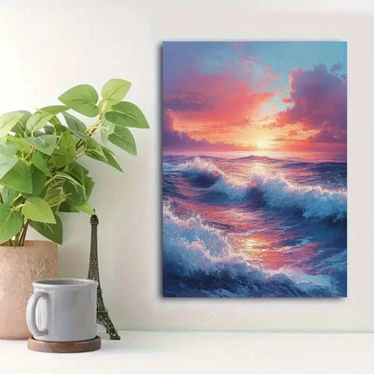 Beautiful Tranquil Sunrise Beach View Painting 40x60cm Metal Print Ready to Hang