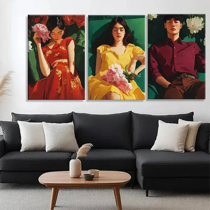 3pcs Young Couple with Flowers Vibrant Wall Art Canvas Unframed - High Quality Print 100% Australian Made Wall Canvas