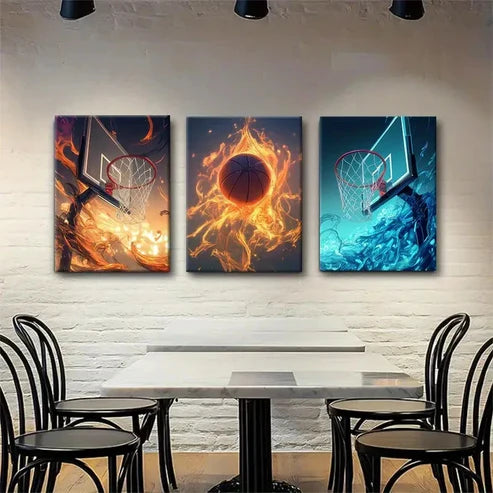 3pcs Basketball Fire and Water Themed Perfect Wall Art Canvas Unframed - High Quality Print 100% Australian Made Wall Canvas - Bella Home Decor