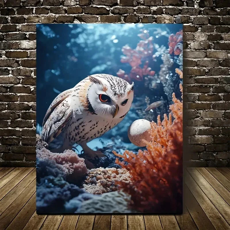 Beautiful Underwater Owl & Coral Reef Scene Painting 40x60cm Metal Print Ready to Hang - Bella Home Decor