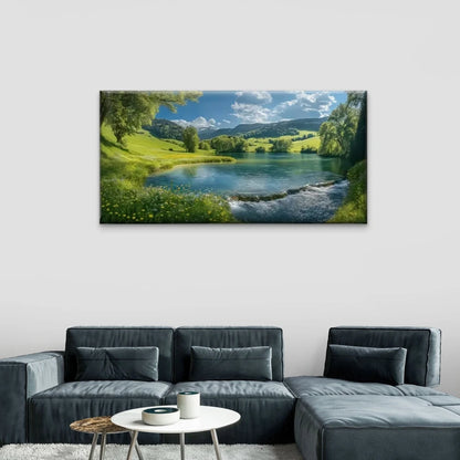 Lush Greenery & Blue Sky Lake Wall Art Canvas Office Home Room Framed 120x60cm