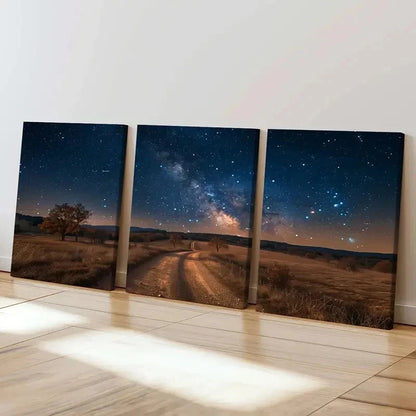 3pcs Night Scene Road Under The Star Wall Art Set Canvas Framed 60x90cm - High Quality Print 100% Australian Made Wall Canvas Ready to Hang