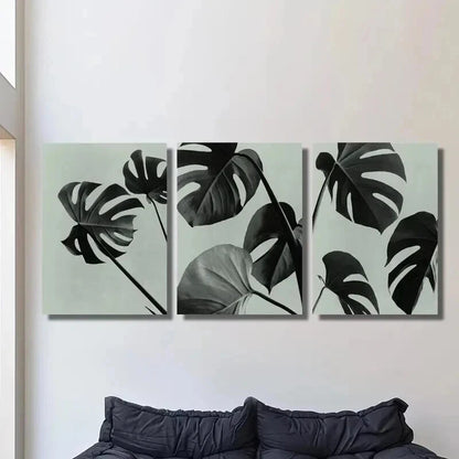 3pcs Black & White Botanical Monstera Leaf Wall Art Set Canvas Framed 40x60cm - High Quality Print 100% Australian Made Wall Canvas Ready to Hang