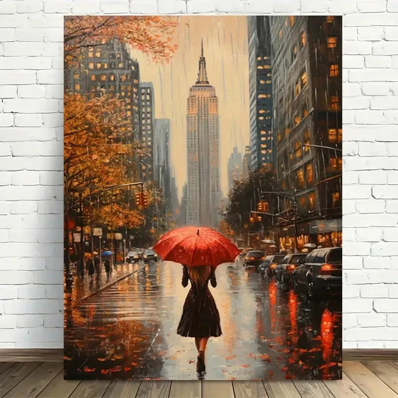 Beautiful Vintage Rainy Cityscape with Red Painting 40x60cm Metal Print Ready to Hang - Bella Home Decor