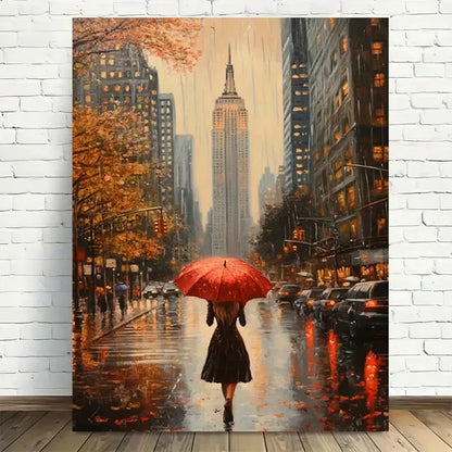 Beautiful Vintage Rainy Cityscape with Red Painting 40x60cm Metal Print Ready to Hang - Bella Home Decor