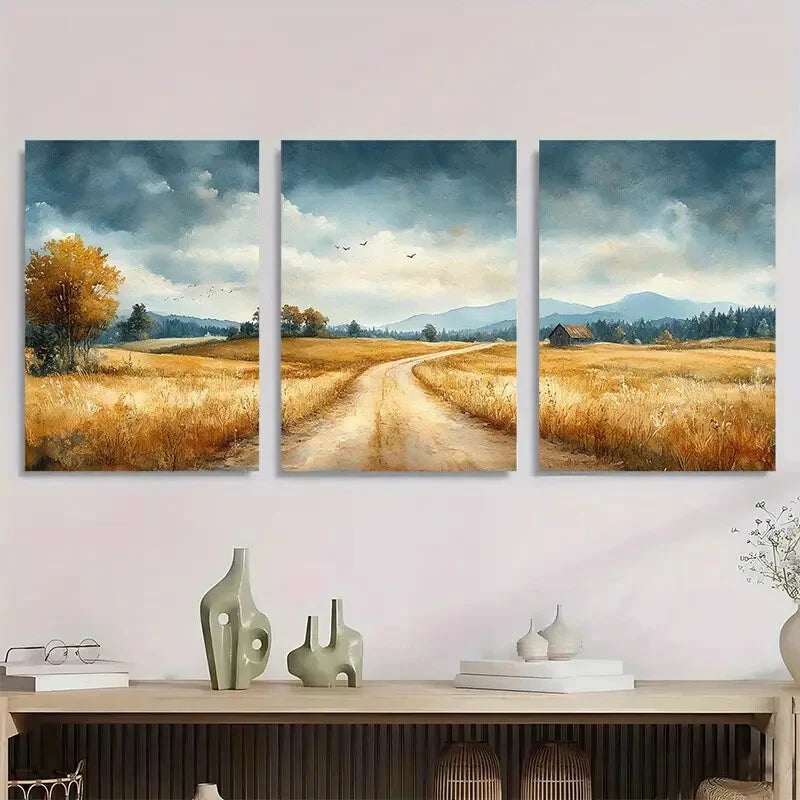 3pcs Watercolor Country Road Metal Print Ready to Hang Art - Bella Home Decor