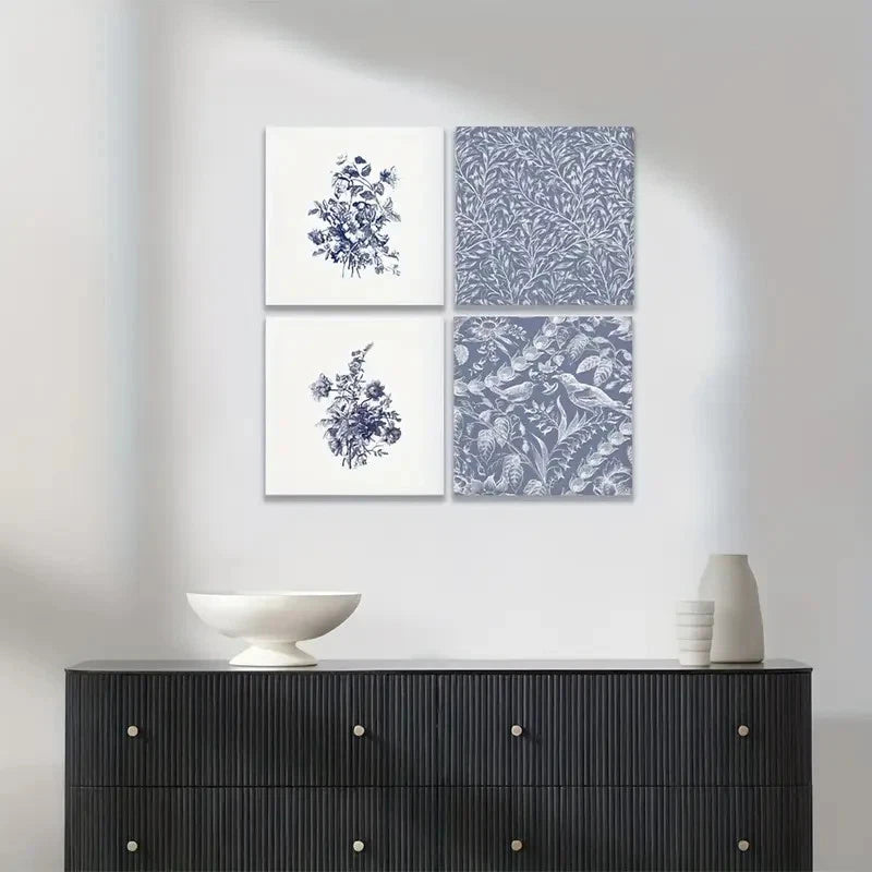 4pcs Blue Wall Art, Botanicals Wall Art Canvas Framed