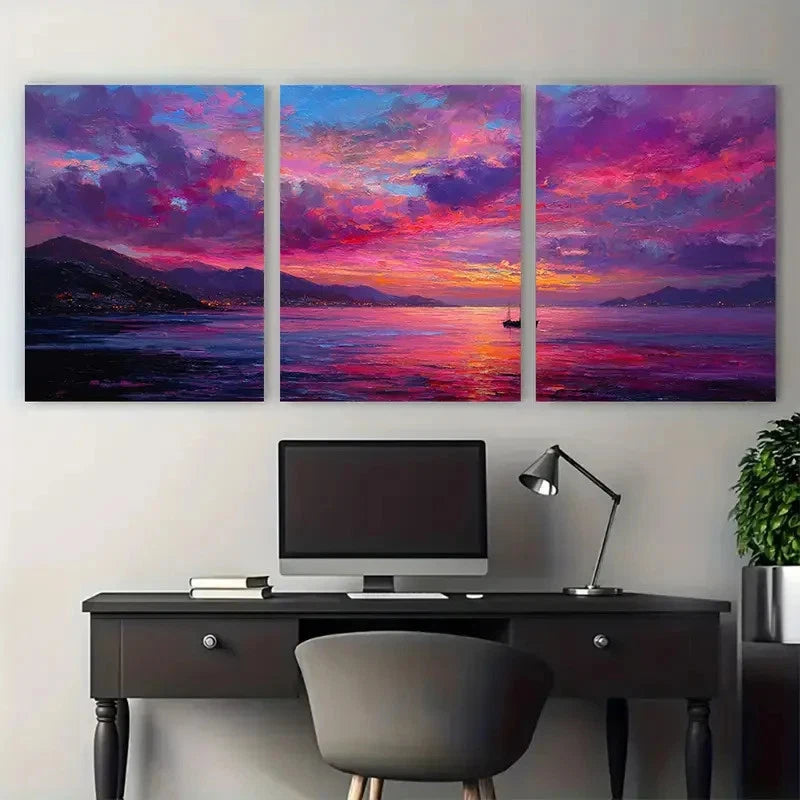 3pcs Boat Sunset Scenic Seamless Perfect Wall Art Set Canvas Framed 40x60cm - High Quality Print 100% Australian Made Wall Canvas Ready to Hang - Bella Home Decor