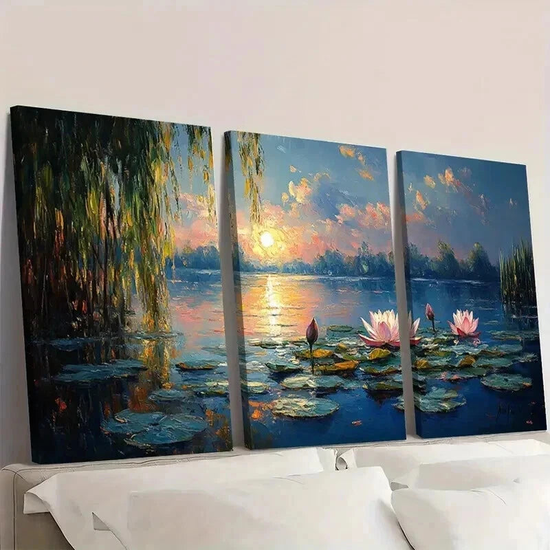 3pcs Abstract Monet Sleeping for Lotus Pond Wall Art Set Canvas Framed 40x60cm - High Quality Print 100% Australian Made Wall Canvas Ready to Hang - Bella Home Decor