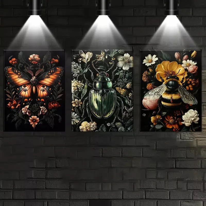 3pcs Gothic Insects And Plants with Florals Wall Art Set Canvas Framed 50x70cm - High Quality Print 100% Australian Made Wall Canvas Ready to Hang
