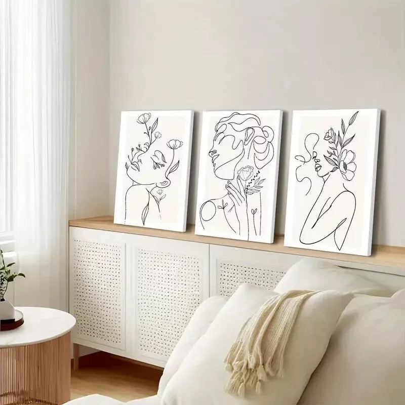 3pcs Minimalist Woman Flower Line Canvas Framed 40x60cm - High Quality Print 100% Australian Made Wall Canvas Ready to Hang - Bella Home Decor