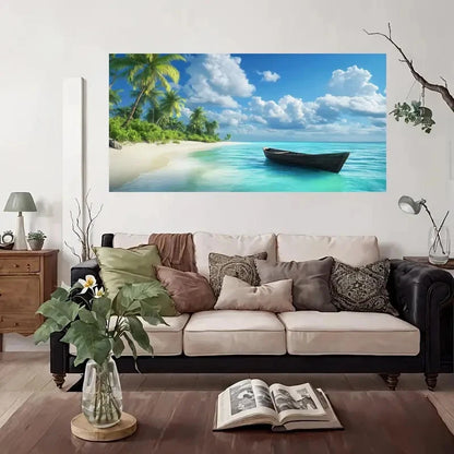 Turquoise Ocean Palm Trees Boat Wall Art Canvas Office Home Room Framed 120x60cm