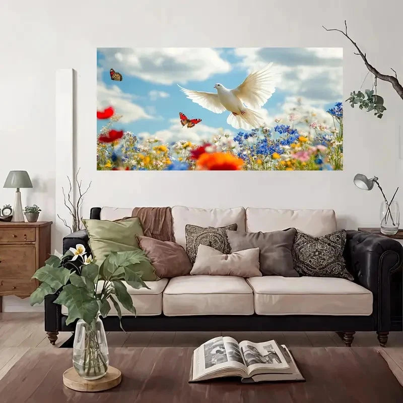 White Dove & Butterflies Wall Art Canvas Office Home Room Framed 120x60cm