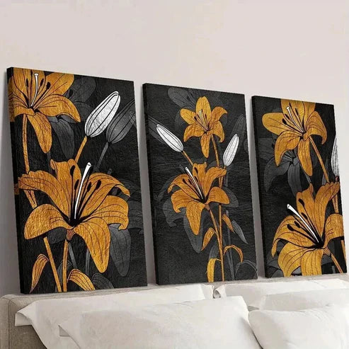 3pcs Modern Luxury Floral Golden Lily Wall Art Set Canvas Unframed - High Quality Print 100% Australian Made Wall Canvas