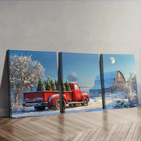 3pcs Christmas Tree Red Truck Nature Perfect Wall Art Set Canvas Unframed - High Quality Print 100% Australian Made Wall Canvas - Bella Home Decor
