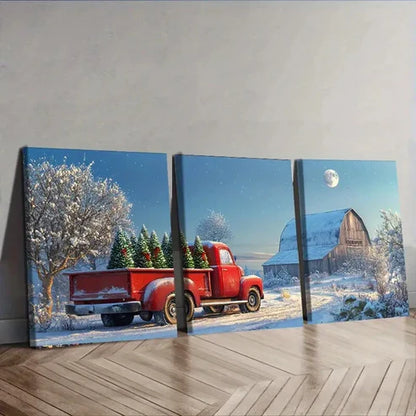3pcs Christmas Tree Red Truck Nature Perfect Wall Art Set Canvas Unframed - High Quality Print 100% Australian Made Wall Canvas - Bella Home Decor
