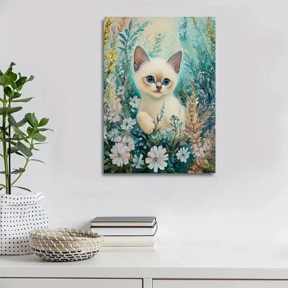 Cute Siamese Kitten with Blue Eyes in Floral 40x60cm Metal Print Ready to Hang - Bella Home Decor