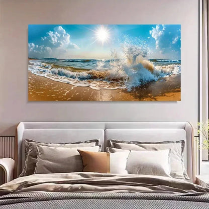 Serene Sandy Shore & Ocean Wave Wall Art Canvas Office Home Room Framed 120x60cm