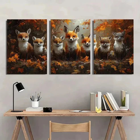 3pcs Fox Family in Vibrant Autumn Forest Wall Art Canvas Unframed - High Quality Print 100% Australian Made Wall Canvas - Bella Home Decor