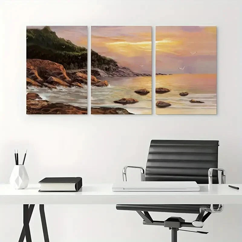 3pcs Sunset Beach and Mountain View Metal Print Ready to Hang Art - Bella Home Decor