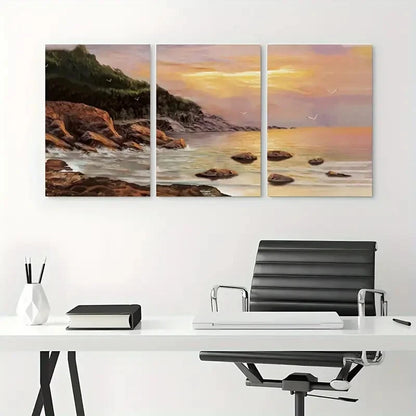 3pcs Sunset Beach and Mountain View Metal Print Ready to Hang Art - Bella Home Decor