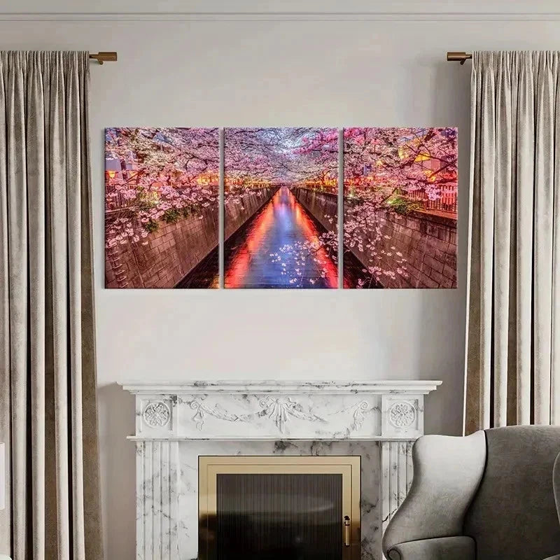 3pcs Cherry Blossom Street Landscape Painting Wall Art Set Canvas Framed 40x60cm - High Quality Print 100% Australian Made Wall Canvas Ready to Hang - Bella Home Decor