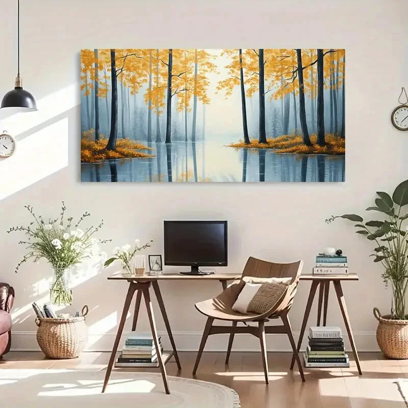 Misty Autumn Golden Leaves Wall Art Canvas Office Home Room Framed 120x60cm - Bella Home Decor
