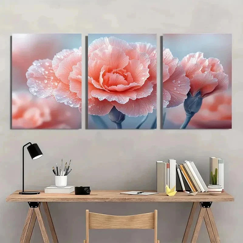 3pcs Pink Carnation Flower Droplet Perfect Wall Art Set Canvas Framed 60x90cm - High Quality Print 100% Australian Made Wall Canvas Ready to Hang