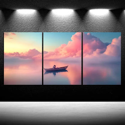 3pcs A Ship in The Pink Sea of Clouds Metal Print Ready to Hang Art - Bella Home Decor