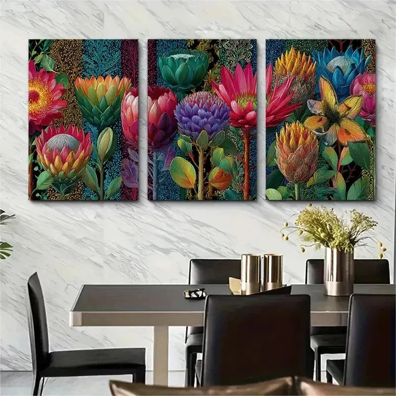 3pcs Nature Colorful Maximalist Floral Perfect Wall Art Set Canvas Framed 50x70cm - High Quality Print 100% Australian Made Wall Canvas Ready to Hang