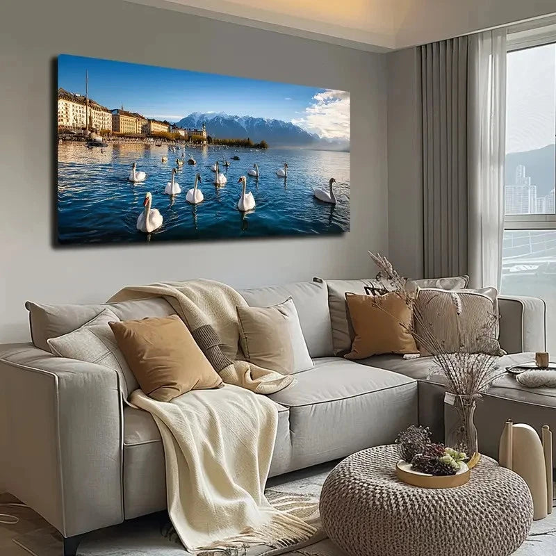 A Group Of Swans On The Lake Wall Art Canvas Office Home Room Framed 120x60cm