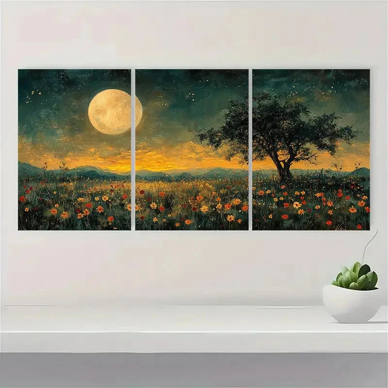 3pcs Moonlit Meadow Wildflower MW     Wall Art Set Canvas Framed 40x60cm - High Quality Print 100% Australian Made Wall Canvas Ready to Hang