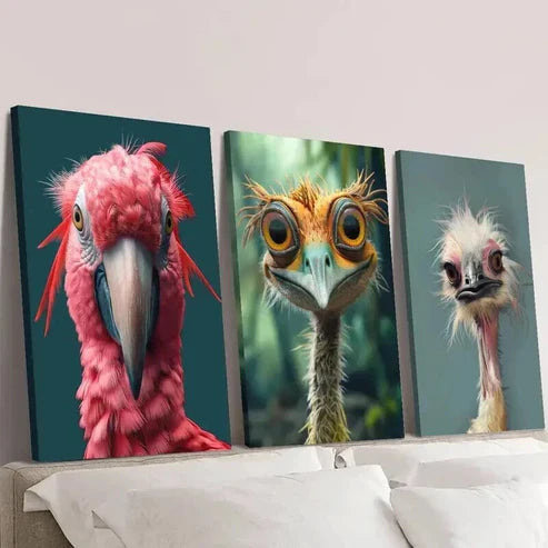 3pcs Adorable Fluffy Birds Parrots & Ostriches Wall Art Canvas Unframed - High Quality Print 100% Australian Made Wall Canvas - Bella Home Decor